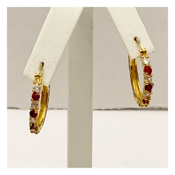 Gold tone hoop earrings with red and clear stones - Picture 4 of 11